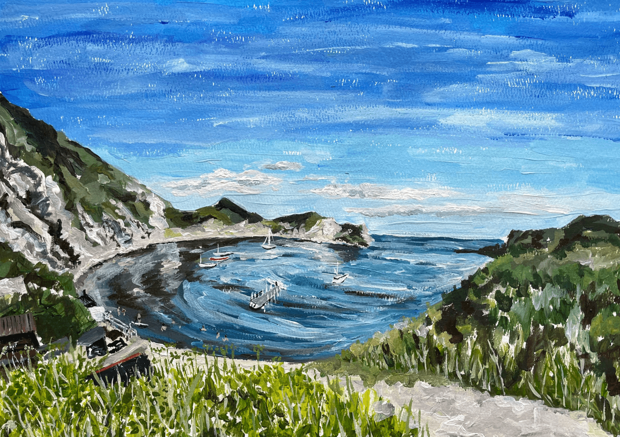Cove and green cliff path painting looking down to blue water