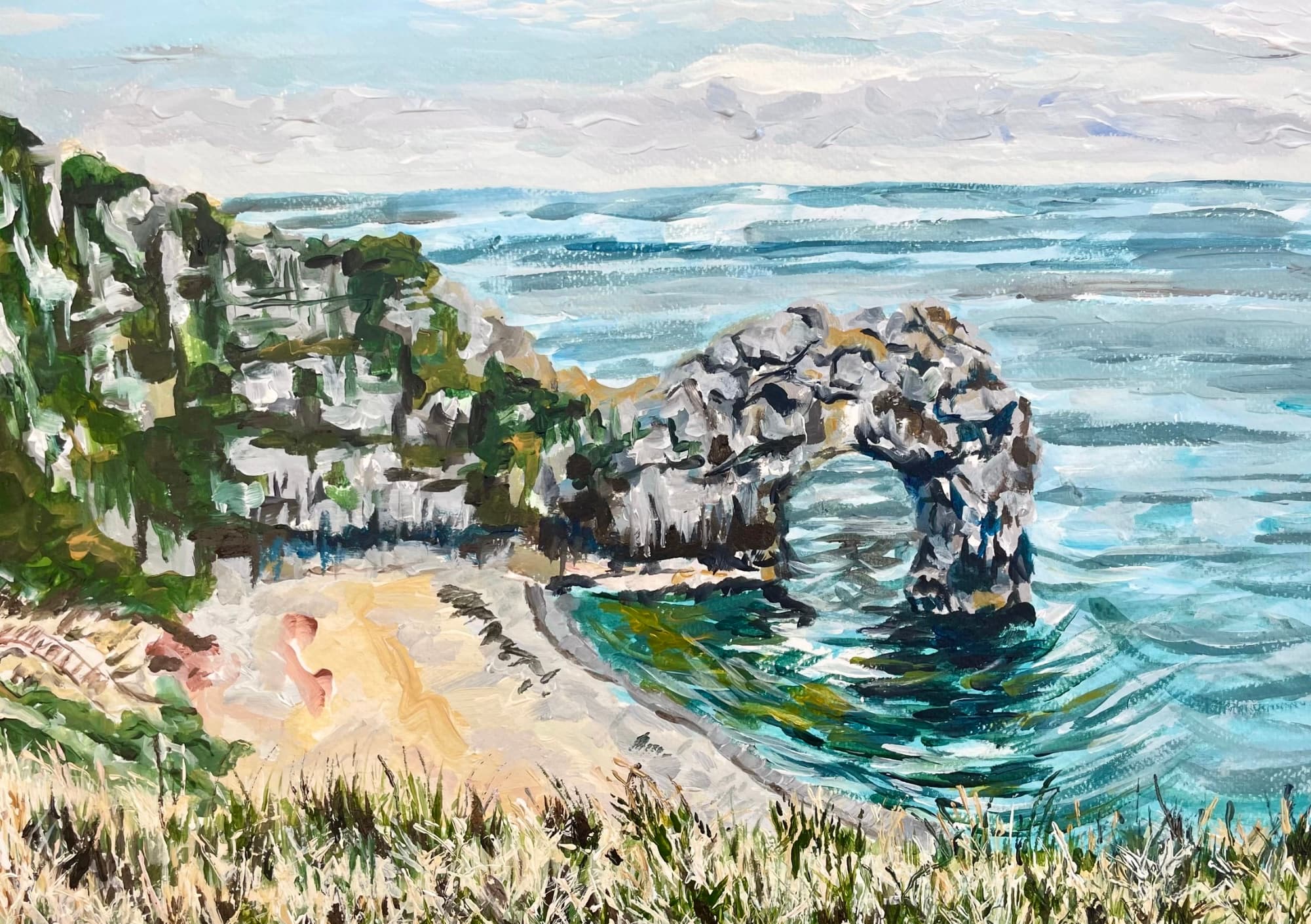 Acrylic painting of a limestone sea arch beside a pale beach and blue water