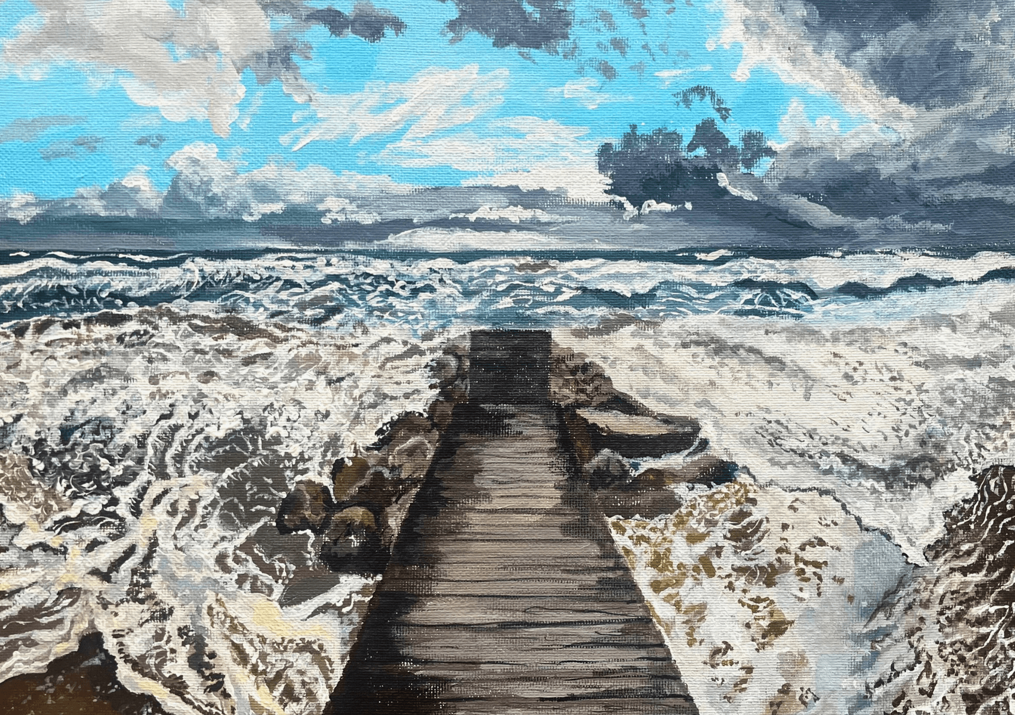 Stormy sea painting with a wooden pier path leading into rough surf